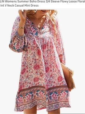 Boho Floral V-Neck Mini Dress in Pink